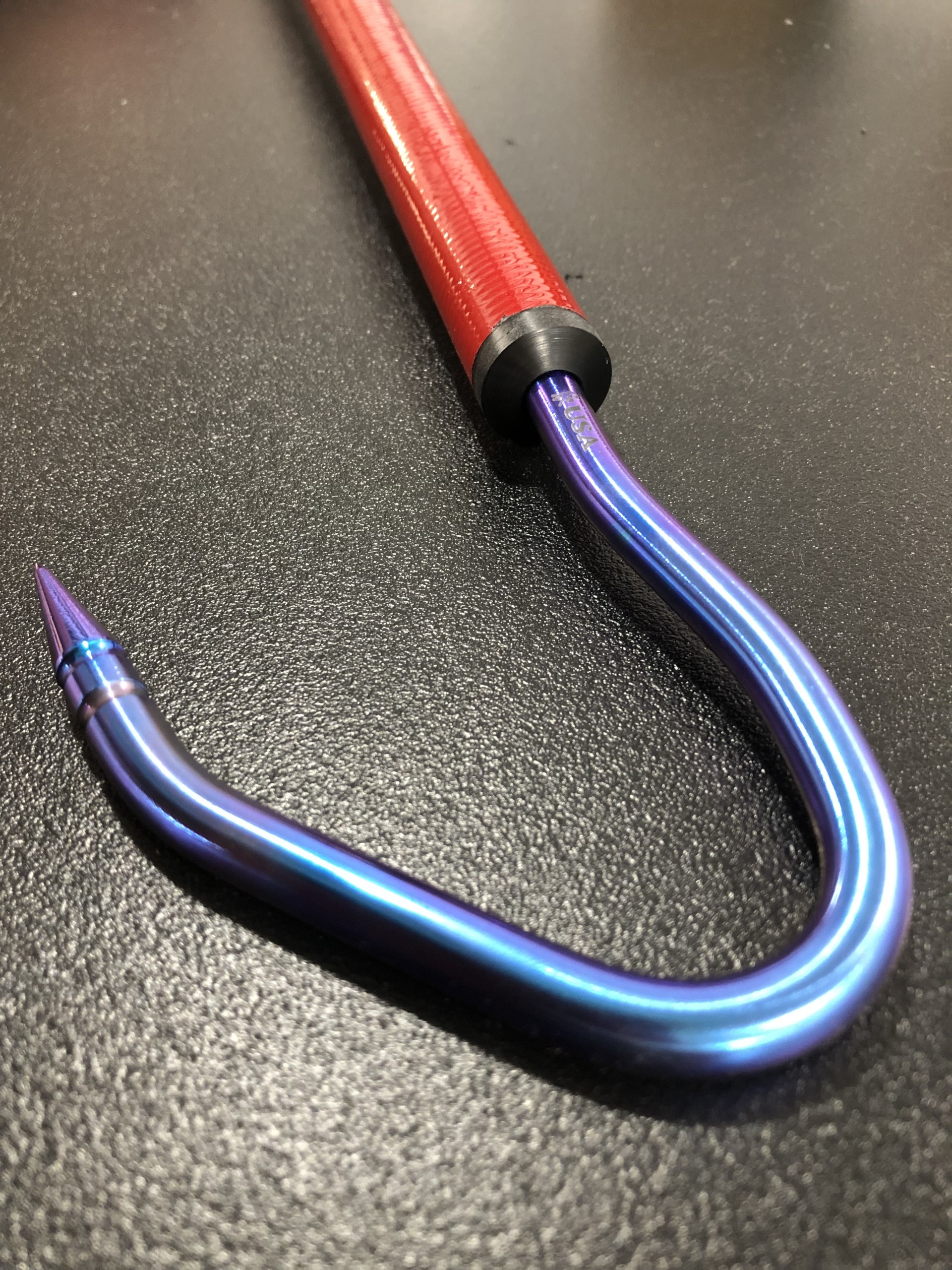 Custom red handle color on purple-blue anodized hook